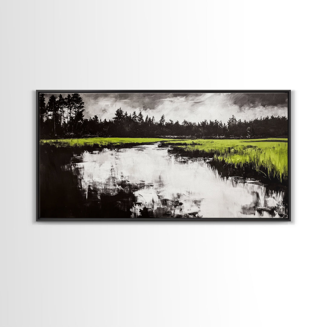 River Reflection, Nature Art, Moody Landscape, Modern Canvas Print, Green and Black, Office Wall Art, Minimalist Home Decor, Rustic Art
