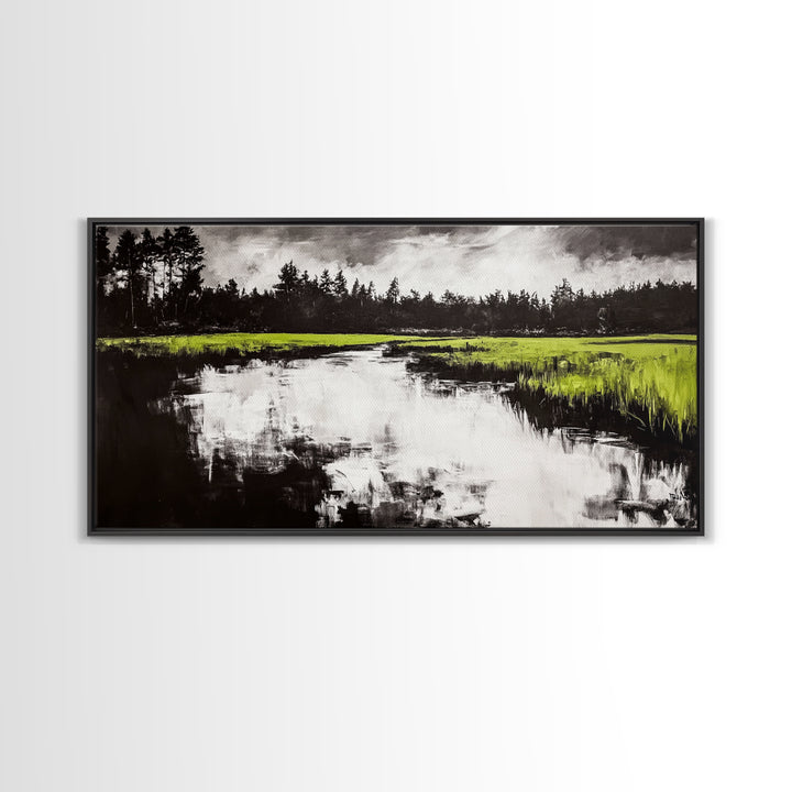 River Reflection, Nature Art, Moody Landscape, Modern Canvas Print, Green and Black, Office Wall Art, Minimalist Home Decor, Rustic Art