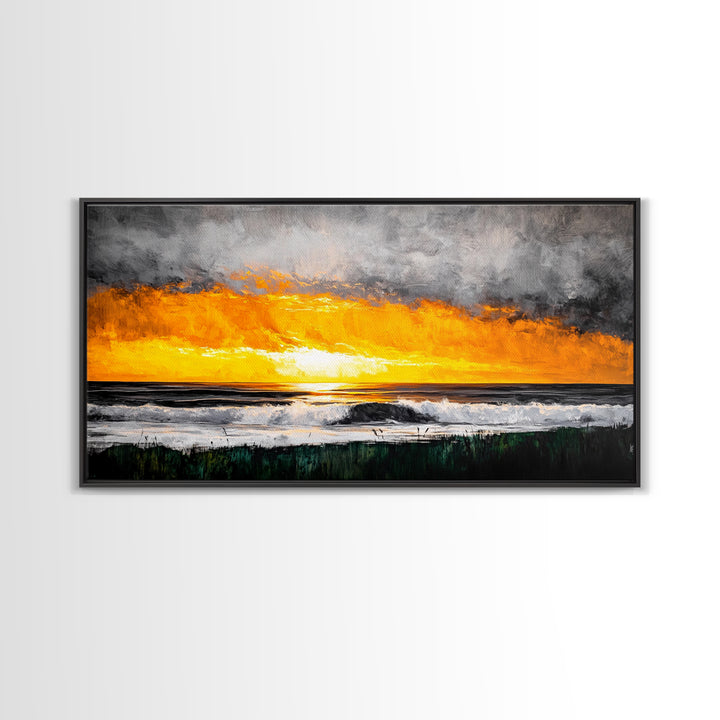 Ocean Sunset, Dramatic Clouds, Beach Waves, Framed Canvas Print, Coastal Wall Art, Living Room Art, Large Wall Decor