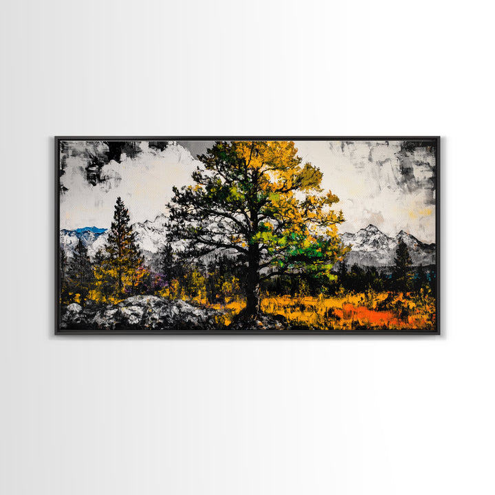 Autumn Tree Art, Mountain Landscape Painting, Fall Wall Decor, Nature Lover Gift, Framed Canvas Print, Rustic Cabin Home Accent