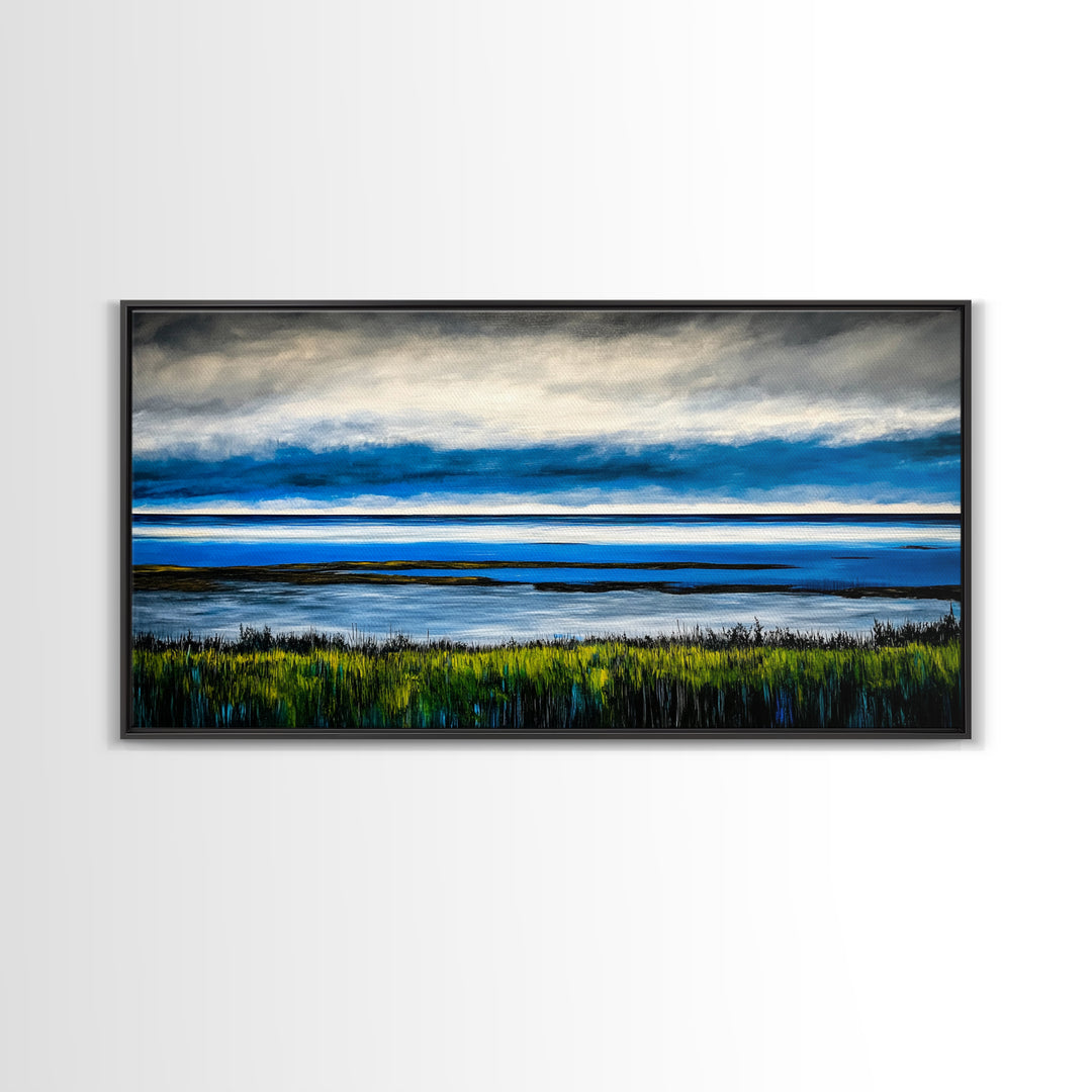 Ocean Horizon, Blue Sky, Coastal, Minimalist, Framed Canvas Print, Seascape Painting, Modern Wall Art, Living Room Decor, Tranquil Scene