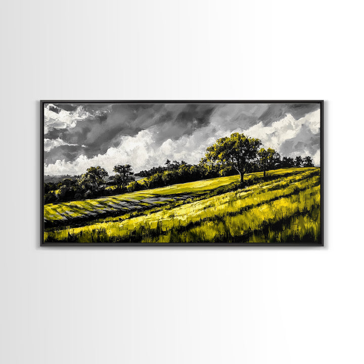 Rolling Hills Landscape, Peaceful Countryside Art, Green Field Painting, Rustic Home Decor, Framed Canvas Print, Serene Wall Accent