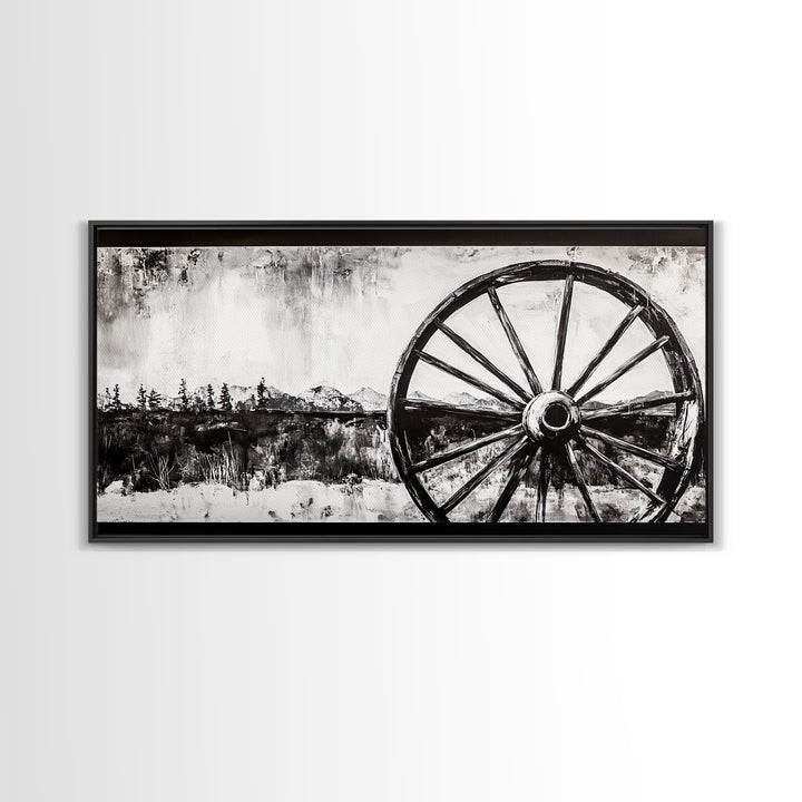 Wagon Wheel, Mountain Landscape, Black and White Western Art, Rustic Home Decor, Framed Canvas Print, Farmhouse Living Room Art