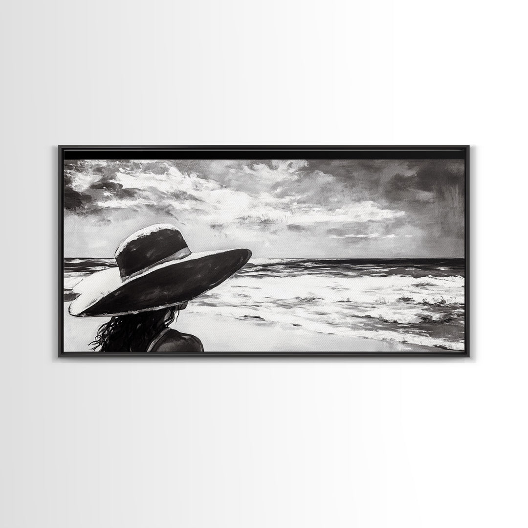 Woman at Beach, Black and White Wall Art, Minimalist Canvas Print, Modern Coastal Decor, Ocean View Art, Living Room Wall Art