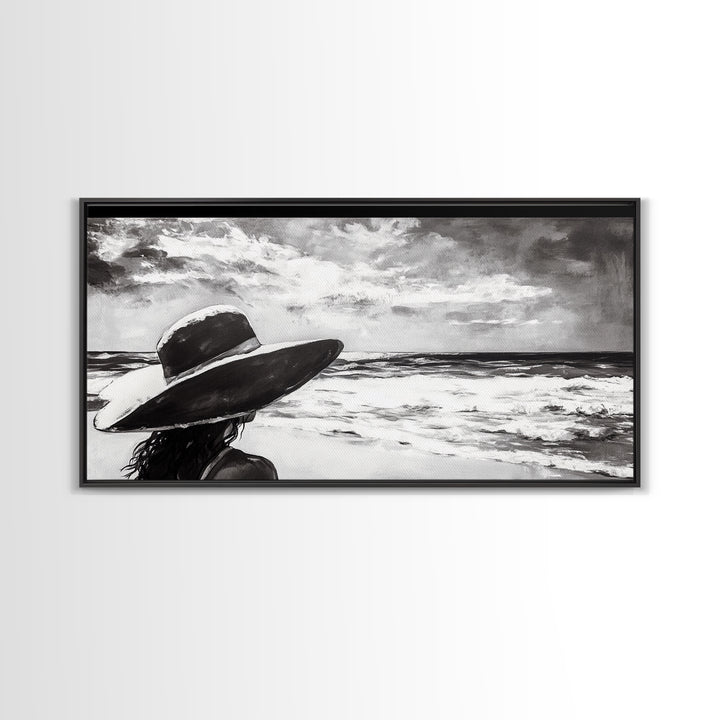Woman at Beach, Black and White Wall Art, Minimalist Canvas Print, Modern Coastal Decor, Ocean View Art, Living Room Wall Art