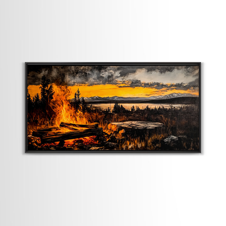 Campfire, Mountain Art, Sunset Landscape, Wilderness Print, Outdoor Wall Art, Adventure Home Decor, Cabin Wall Art, Framed Canvas Print
