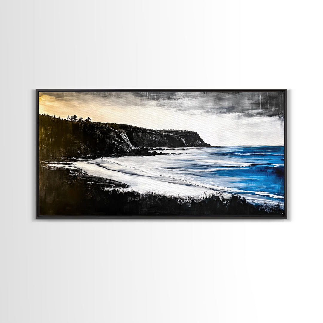 Cliffside Coast, Dramatic Seascape, Black and White Landscape, Ocean View, Modern Art, Living Room Decor, Framed Canvas Print, Coastal Home