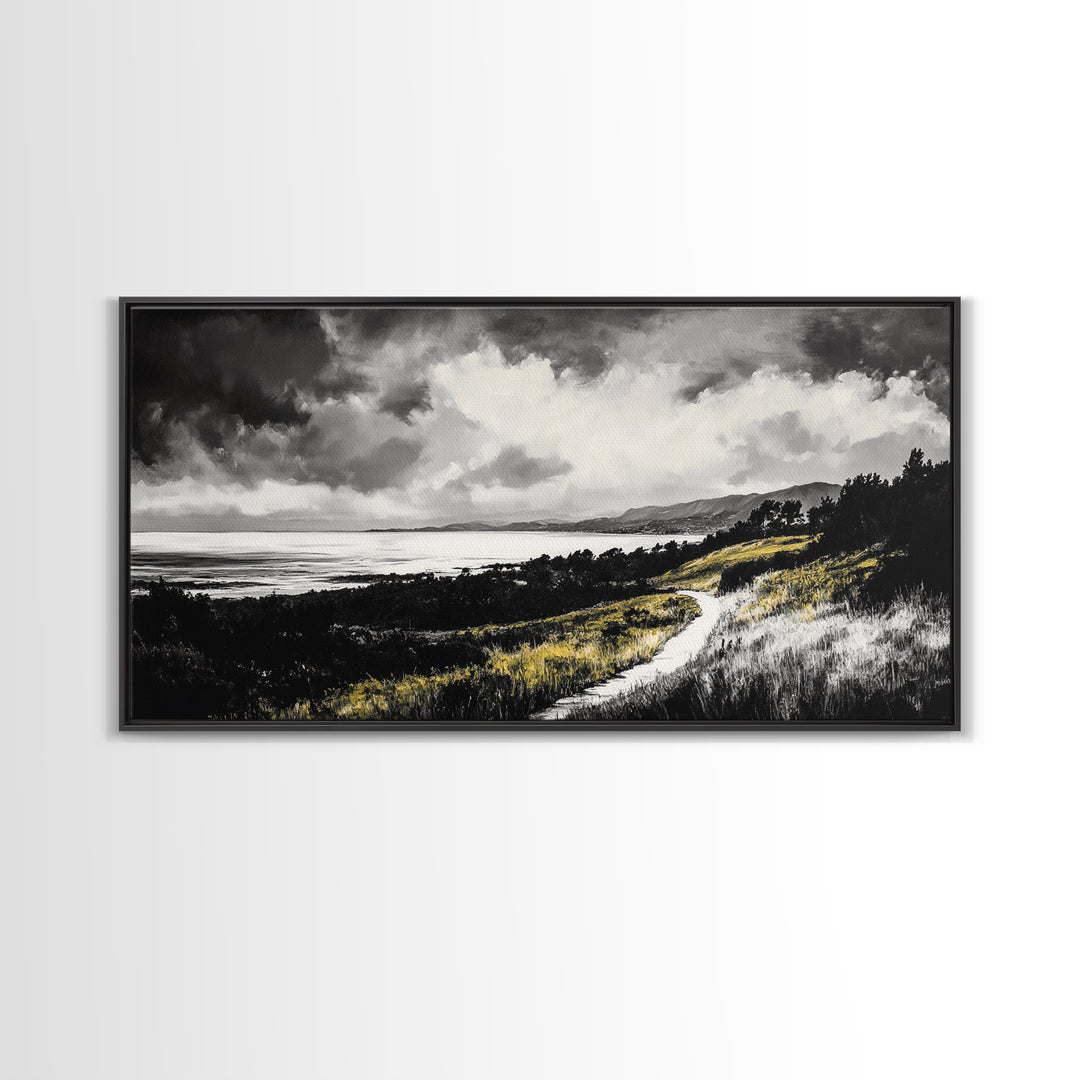 Golden Field, Pathway Landscape, Black and White Art, Moody Sky, Scenic Wall Decor, Office Wall Art, Canvas Print, Minimalist Nature
