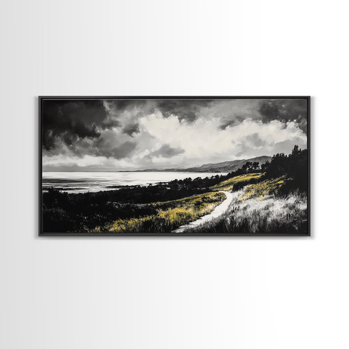 Golden Field, Pathway Landscape, Black and White Art, Moody Sky, Scenic Wall Decor, Office Wall Art, Canvas Print, Minimalist Nature