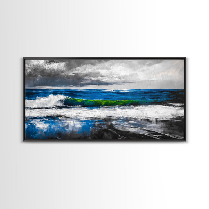 Blue Ocean, Stormy Seascape, Modern Coastal Art, Contemporary Painting, Large Beach Wall Art, Bedroom Decor, Framed Canvas Print, Gift Idea