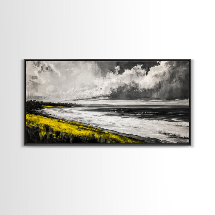 Coastal Horizon, Ocean Beach Art, Black and White Wall Decor, Dramatic Sky, Yellow Grass, Modern Landscape, Serene View, Framed Canvas Print