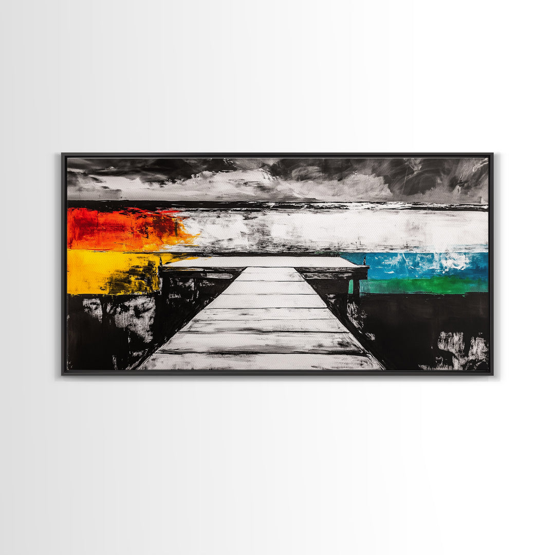 Pier to Infinity, Abstract Coastal Art, Black and White, Surreal Landscape, Minimalist Aesthetic, Nautical Decor, Framed Canvas Print