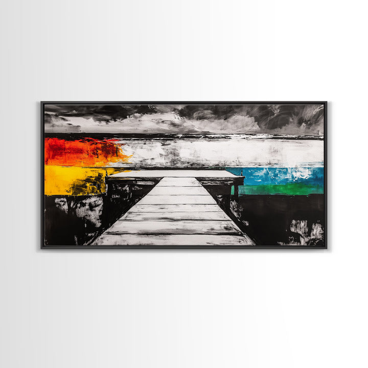 Pier to Infinity, Abstract Coastal Art, Black and White, Surreal Landscape, Minimalist Aesthetic, Nautical Decor, Framed Canvas Print