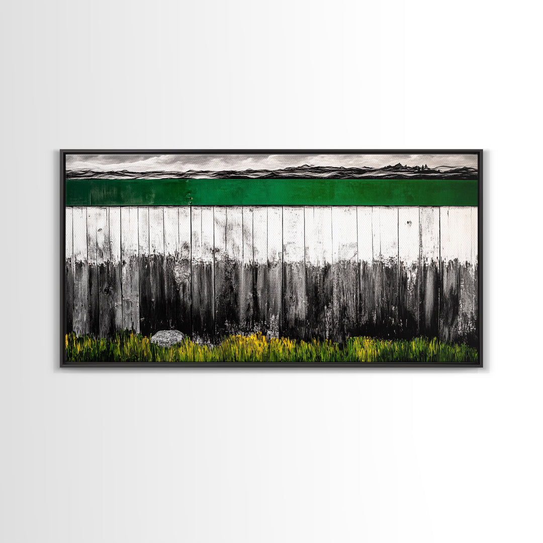 Rustic Fence, Green Landscape, Modern Country Art, Black and White with Color, Nature Inspired, Farmhouse Decor, Serene View, Canvas Print