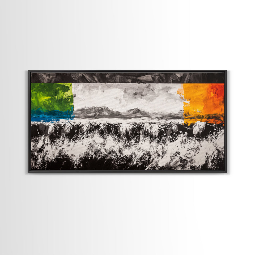 Abstract Cattle, Western Art, Colorful Farm Scene, Framed Canvas Print, Modern Ranch Wall Decor, Farmhouse Style, Rustic Artwork
