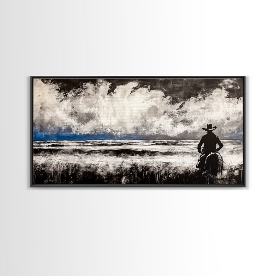 Cowboy Horizon, Western Landscape, Rustic Horse Rider, Framed Canvas Print, Southwestern Home Decor, Black and White Wall Art