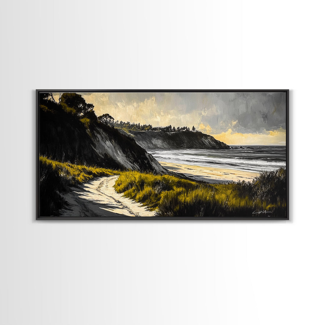 Coastal Path, Ocean View, Beach Sunset, Framed Canvas Print, Modern Wall Art, Landscape Painting, Living Room Art, Nautical Decor