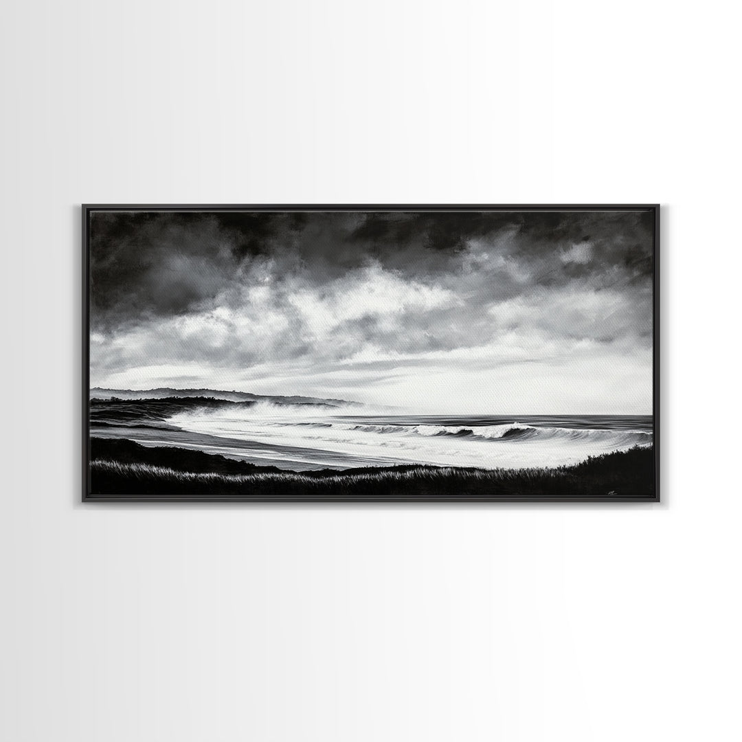 Black and White Beach, Moody Sky, Stormy Waves, Framed Canvas Print, Minimalist Wall Art, Modern Home Decor, Nautical Landscape