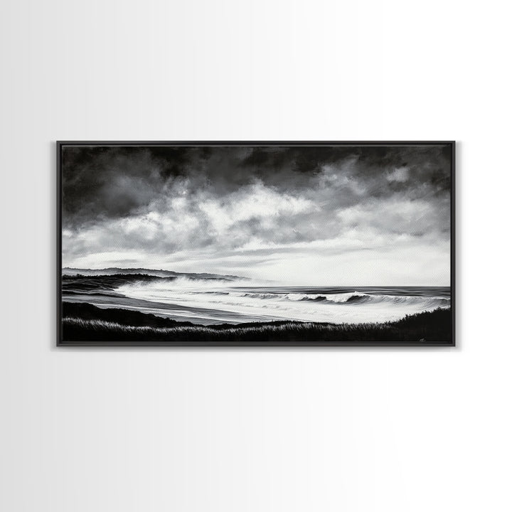 Black and White Beach, Moody Sky, Stormy Waves, Framed Canvas Print, Minimalist Wall Art, Modern Home Decor, Nautical Landscape