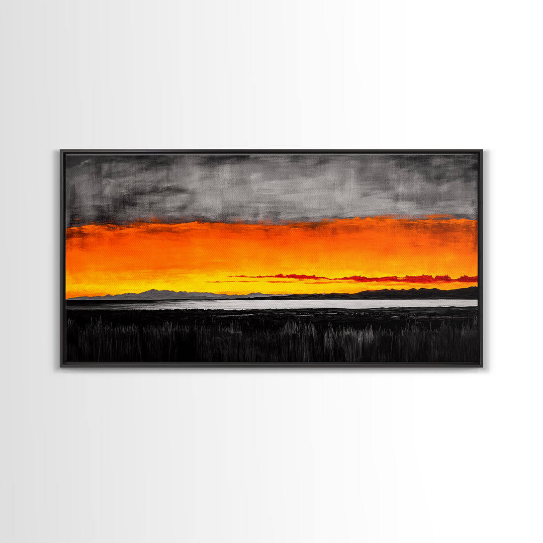 Sunset Glow, Dramatic Sky, Scenic Landscape, Bold Colors, Rustic Nature, Framed Canvas Print, Fall Decor, Living Room Wall Art