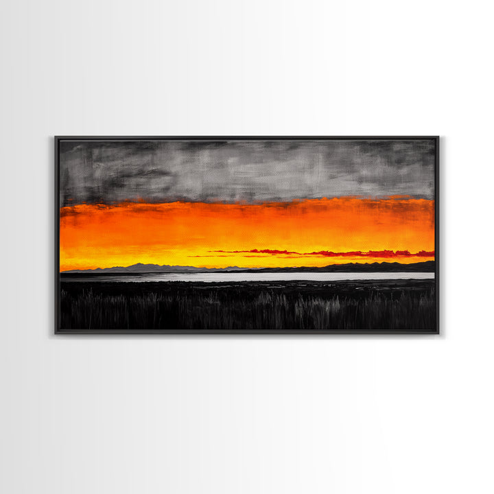 Sunset Glow, Dramatic Sky, Scenic Landscape, Bold Colors, Rustic Nature, Framed Canvas Print, Fall Decor, Living Room Wall Art