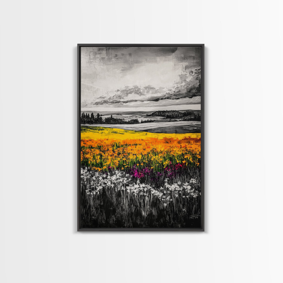 Black White Landscape, Yellow Wildflower Field, Nature Wall Art, Rustic Farmhouse Art, Country Home Decor, Office Art, Framed Canvas Print