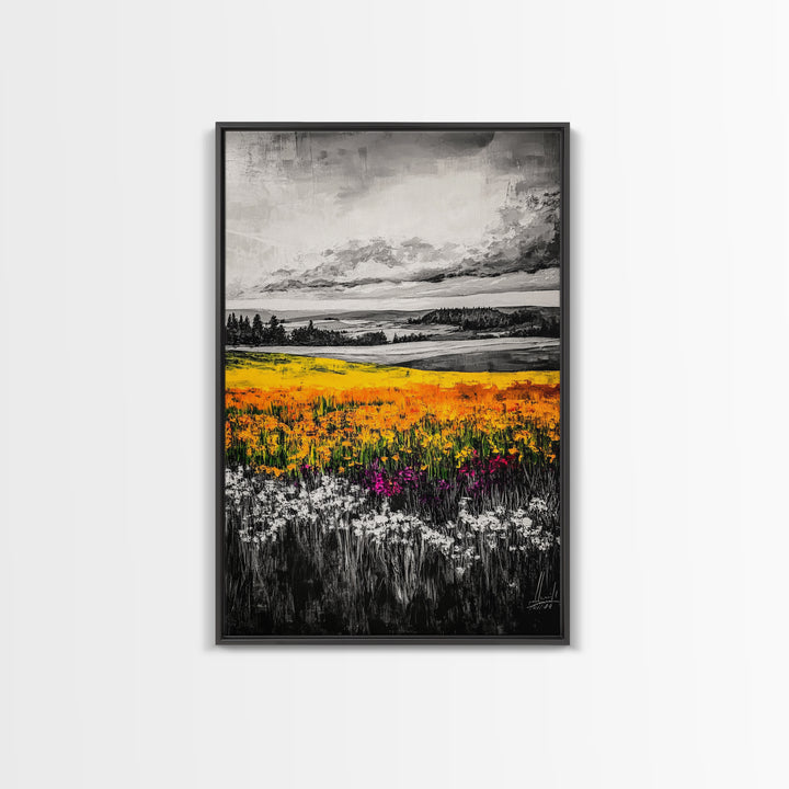 Black White Landscape, Yellow Wildflower Field, Nature Wall Art, Rustic Farmhouse Art, Country Home Decor, Office Art, Framed Canvas Print