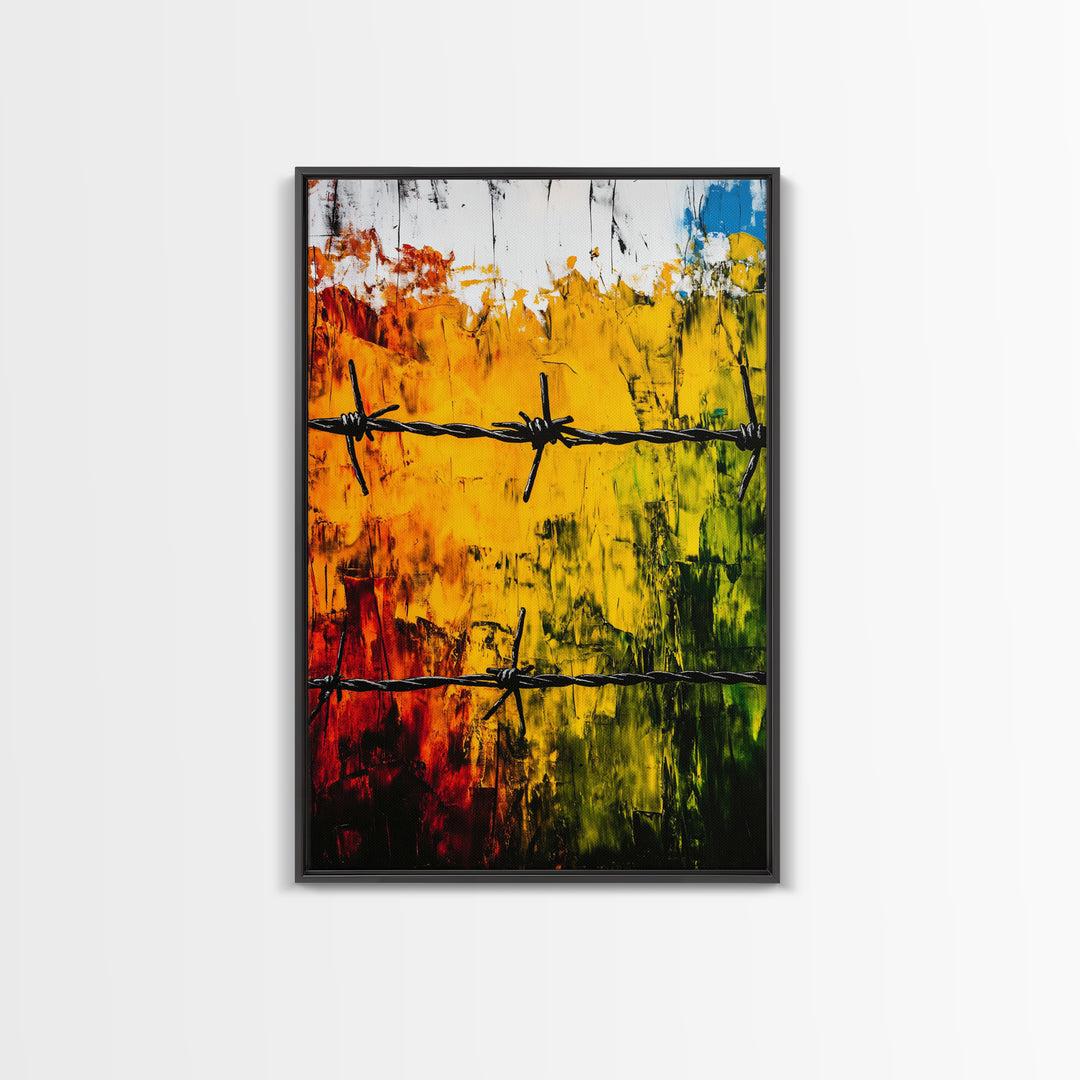 Barbed Wire Wall Art, Red Yellow Green, Bold Abstract Painting, Modern Industrial Decor, Statement Piece, Office Wall Art, Canvas Print