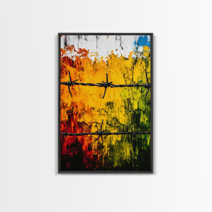 Barbed Wire Wall Art, Red Yellow Green, Bold Abstract Painting, Modern Industrial Decor, Statement Piece, Office Wall Art, Canvas Print