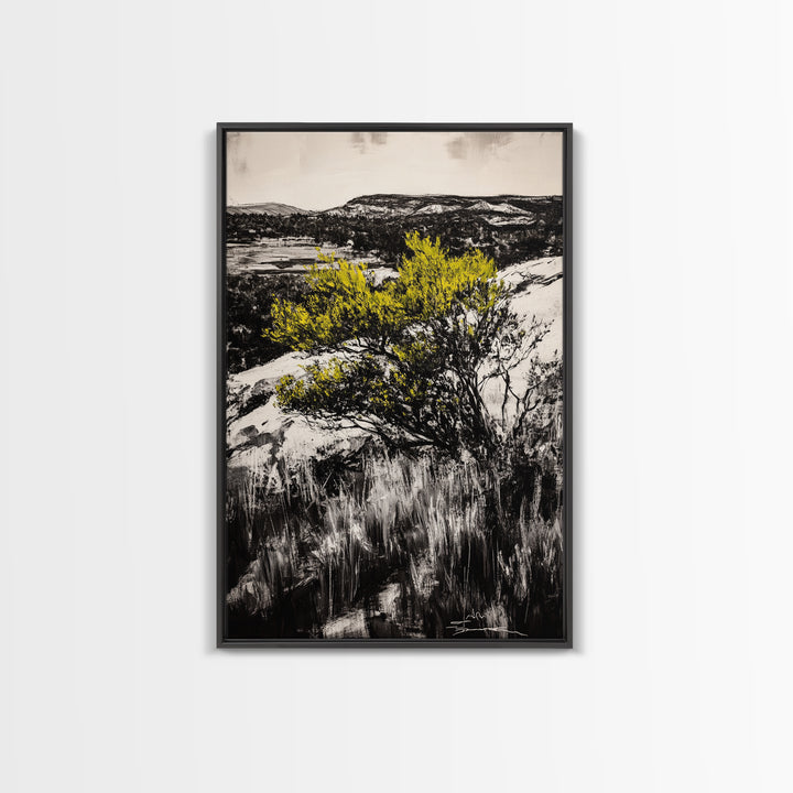 Desert Landscape Art, Minimalist Nature Print, Monochrome Decor, Rustic Mountain Scene, Living Room Wall Art, Framed Canvas Print