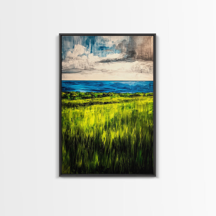 Coastal Landscape, Ocean View, Green Fields, Framed Canvas Print, Serene Wall Art, Nature Inspired, Tranquil Beach Decor, Modern Art