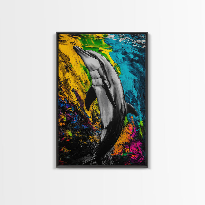 Dolphin Art, Vibrant Colors, Underwater Scene, Framed Canvas Print, Ocean Wall Decor, Marine Life Art, Coastal Vibes, Nautical Home Decor