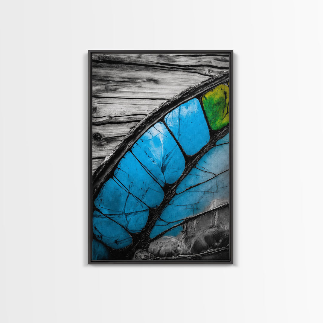 Butterfly Wing Close-up, Nature Photography, Framed Canvas Print, Rustic Wall Art, Minimalist Decor, Blue Abstract Art, Bedroom Wall Decor