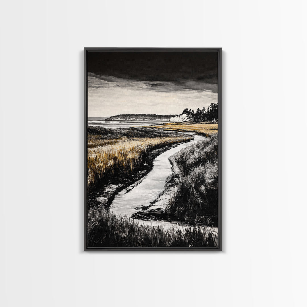 Coastal Landscape, Black and White, Framed Canvas Print, Nature Wall Art, Living Room Decor, Modern Farmhouse Art, Neutral Tones