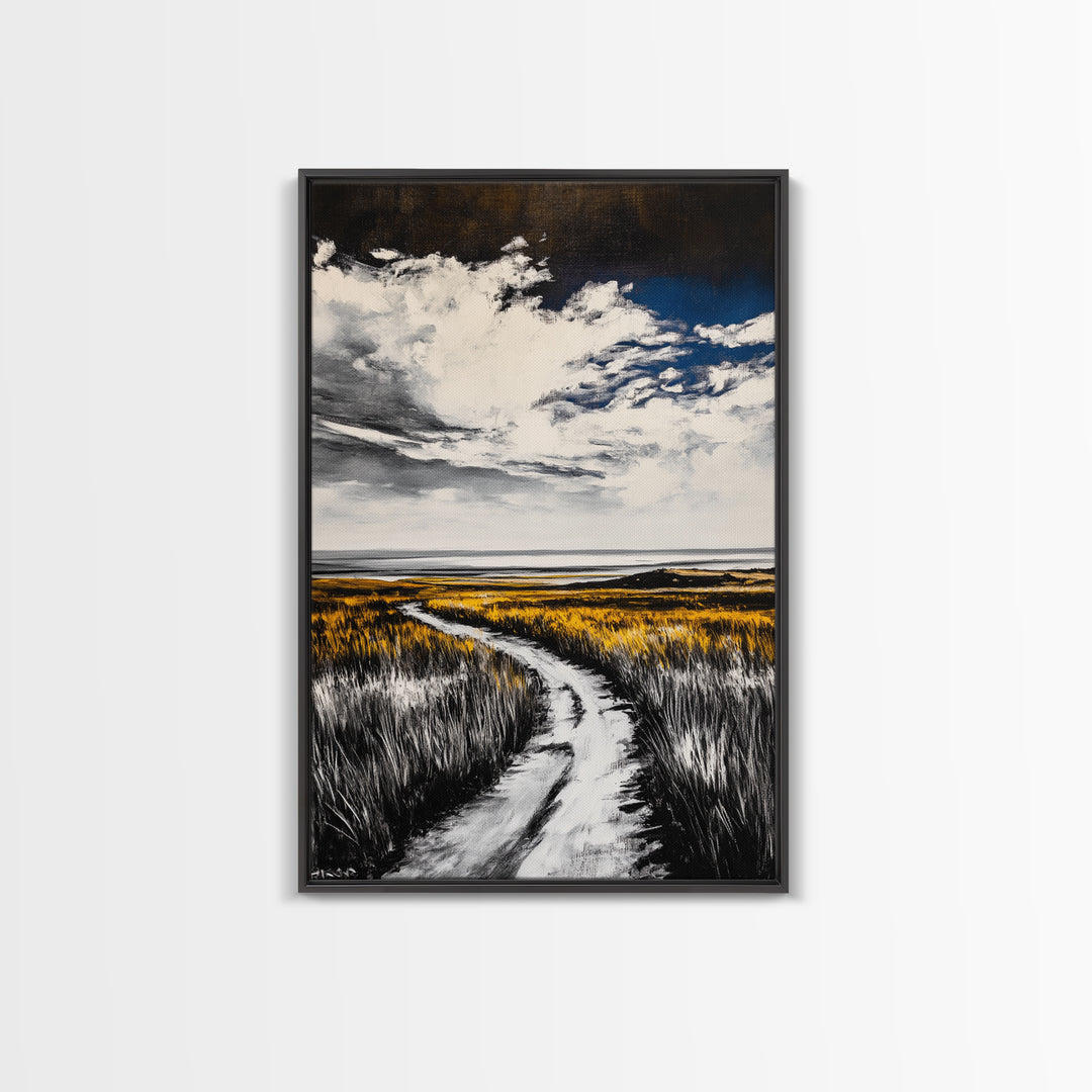 Pathway, Open Fields, Framed Canvas Print, Rustic Landscape, Countryside Decor, Farmhouse Wall Art, Neutral Tones, Home Gift Idea