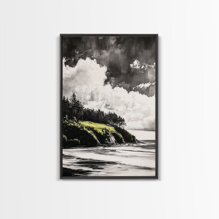 Coastal Cliffs, Black and White Landscape, Moody Sky Painting, Rustic Nature Wall Art, Office Decor, Framed Canvas Print