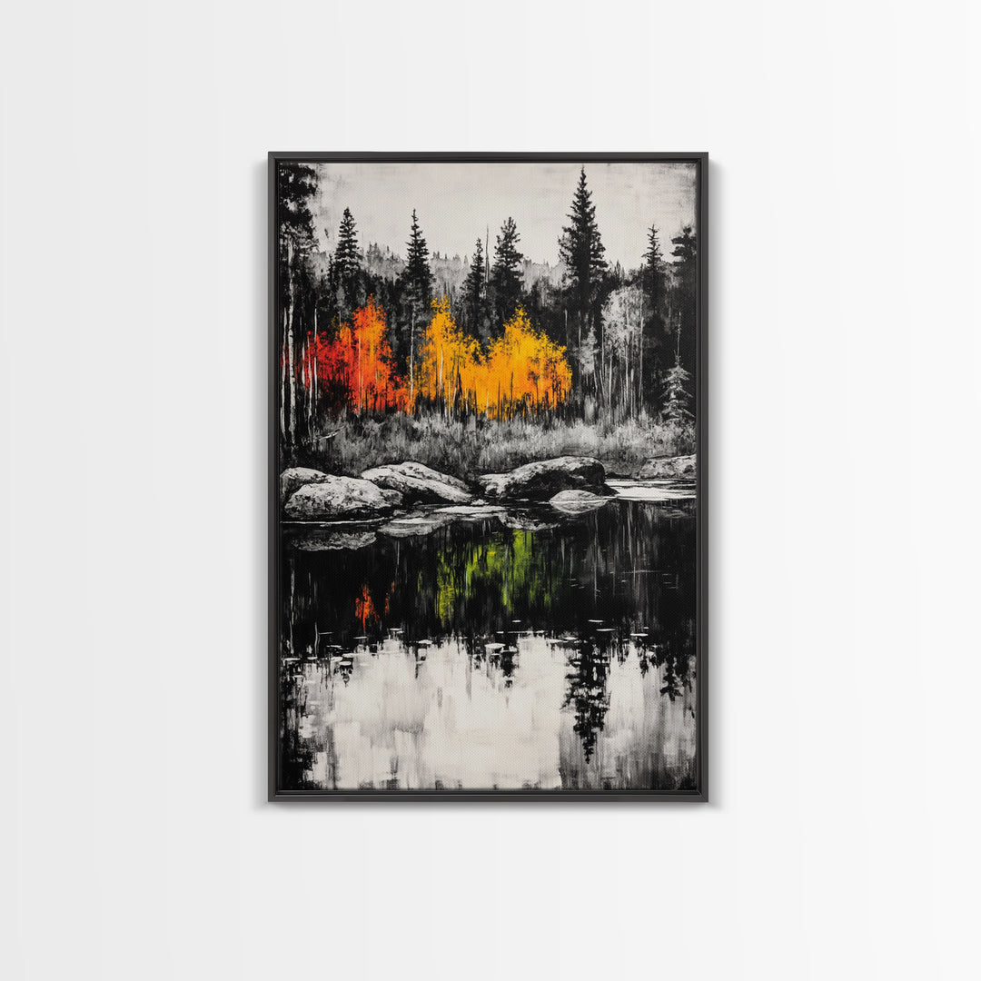 Autumn Reflection, Fall Forest Art, Lake Landscape, Vibrant Trees, Seasonal Painting, Warm Home Decor, Canvas Print