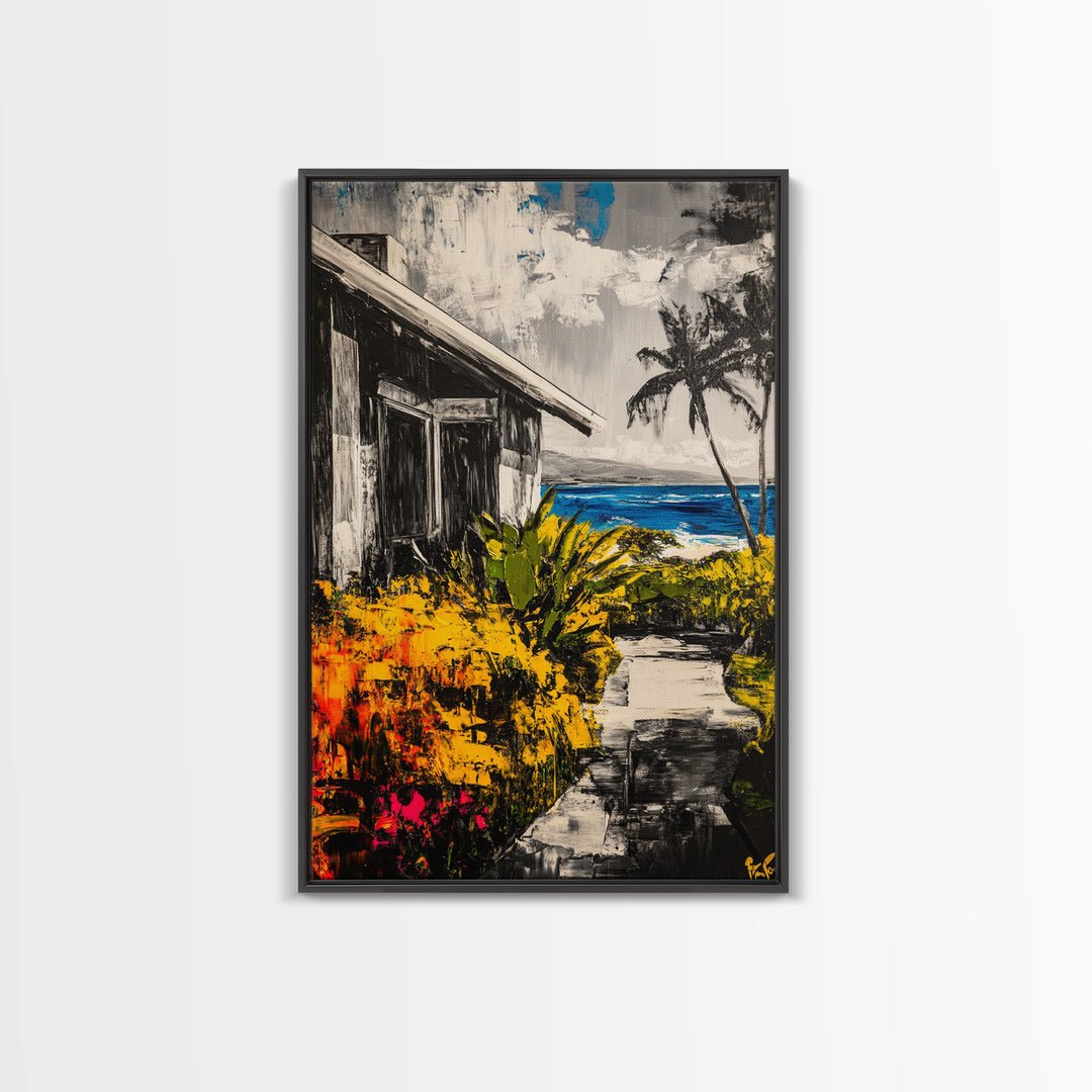 Beach House Path, Black White Coastal Art, Yellow Green Foliage, Tropical Landscape, Ocean Wall Decor, Beach Home, Framed Canvas Print