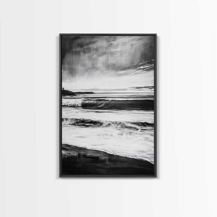 Black and White Waves, Ocean Painting, Dramatic Coastline, Minimalist Art, Framed Canvas Print, Modern Seascape, Contemporary Wall Art