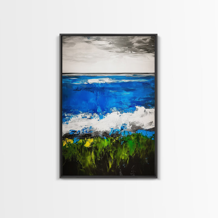 Abstract Ocean View, Blue Green Black White, Coastal Wall Art, Modern Beach Home Decor, Bold Statement Painting, Office Art, Canvas Print