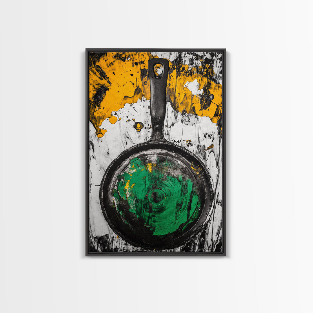 Abstract Frying Pan, Rustic Kitchen Art, Modern Industrial Wall Decor, Black Yellow Green Art, Unique Foodie Gift, Canvas Print