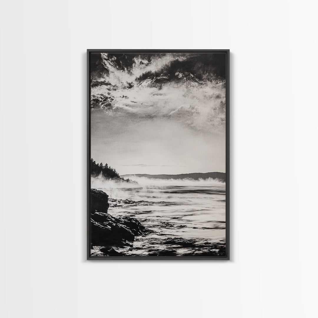 Coastal Mist, Moody Seascape, Black and White Ocean, Nautical Wall Art, Minimalist Decor, Living Room Art, Canvas Print, Gift Idea