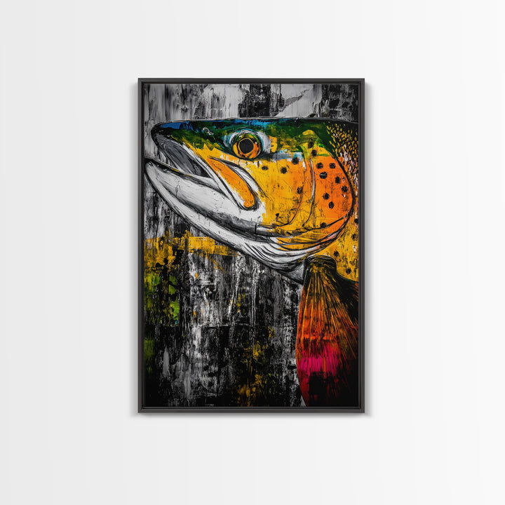 Vibrant Trout, Fishing Art, Rustic Wall Decor, Wildlife Art, Cabin Wall Art, Fisherman Gift, Framed Canvas Print, Nature Inspired Home