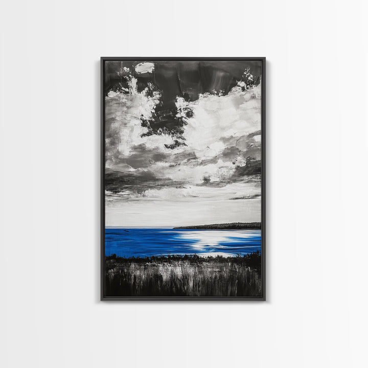 Blue Horizon, Ocean Landscape, Coastal Wall Art, Black and White Sky, Beach House Decor, Modern Art, Framed Canvas Print, Tranquil Design