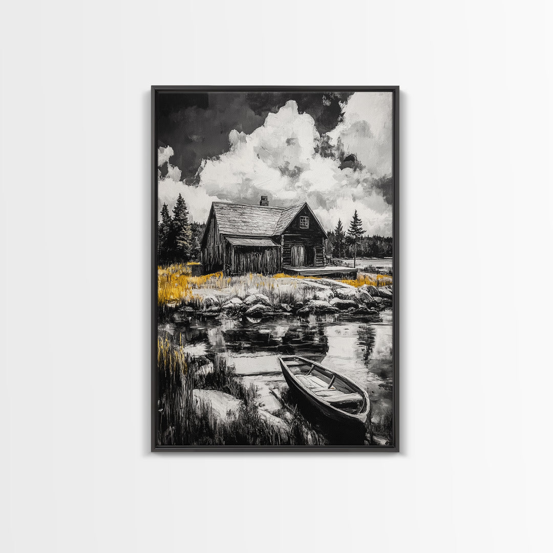 Cabin Reflection, Rustic Home Art, Log House Painting, Tranquil Lake, Country Home Wall Decor, Framed Canvas Print, Nature Lover Gift