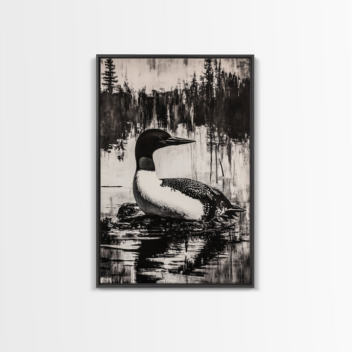 Loon, Lake Reflection, Nature Wall Art, Framed Canvas Print, Black and White Art, Minimalist Decor, Cabin Wall Art, Rustic Home