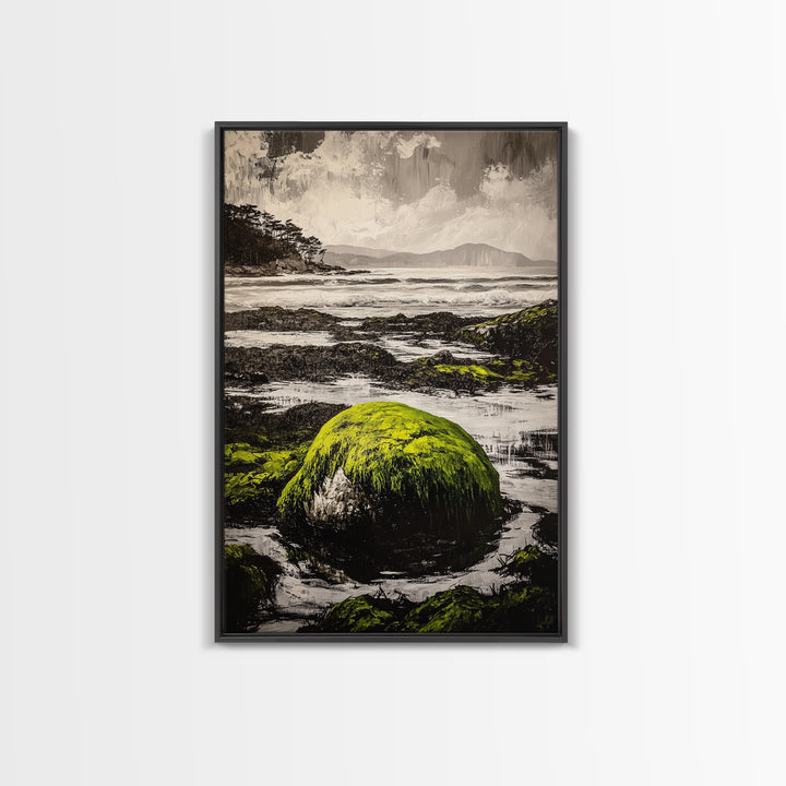 Coastal Rocks, Mossy Shore, Framed Canvas Print, Ocean Landscape, Beach House Wall Art, Nautical Decor, Green Nature, Relaxing Art