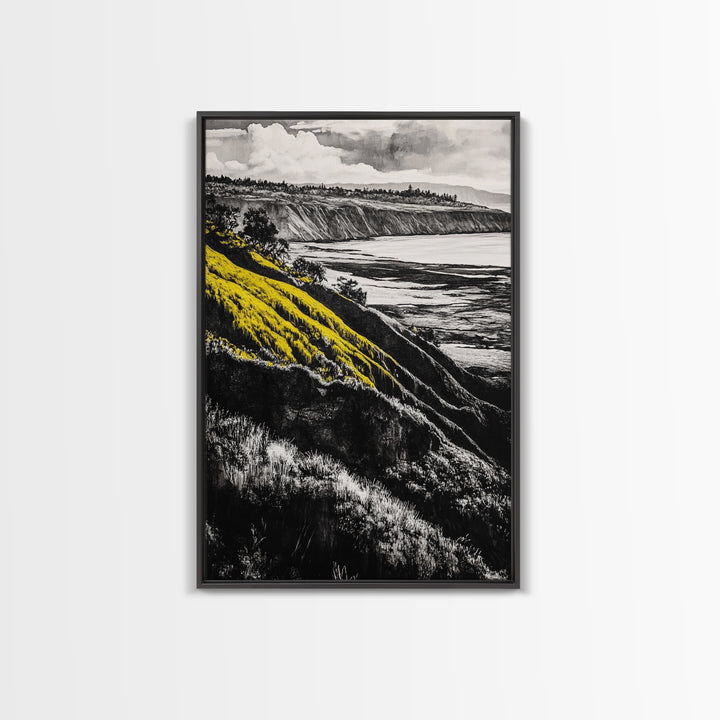 Cliffs, Ocean View, Framed Canvas Print, Coastal Landscape, Beach House Decor, Nature Wall Art, Black White Yellow Art, Scenic View
