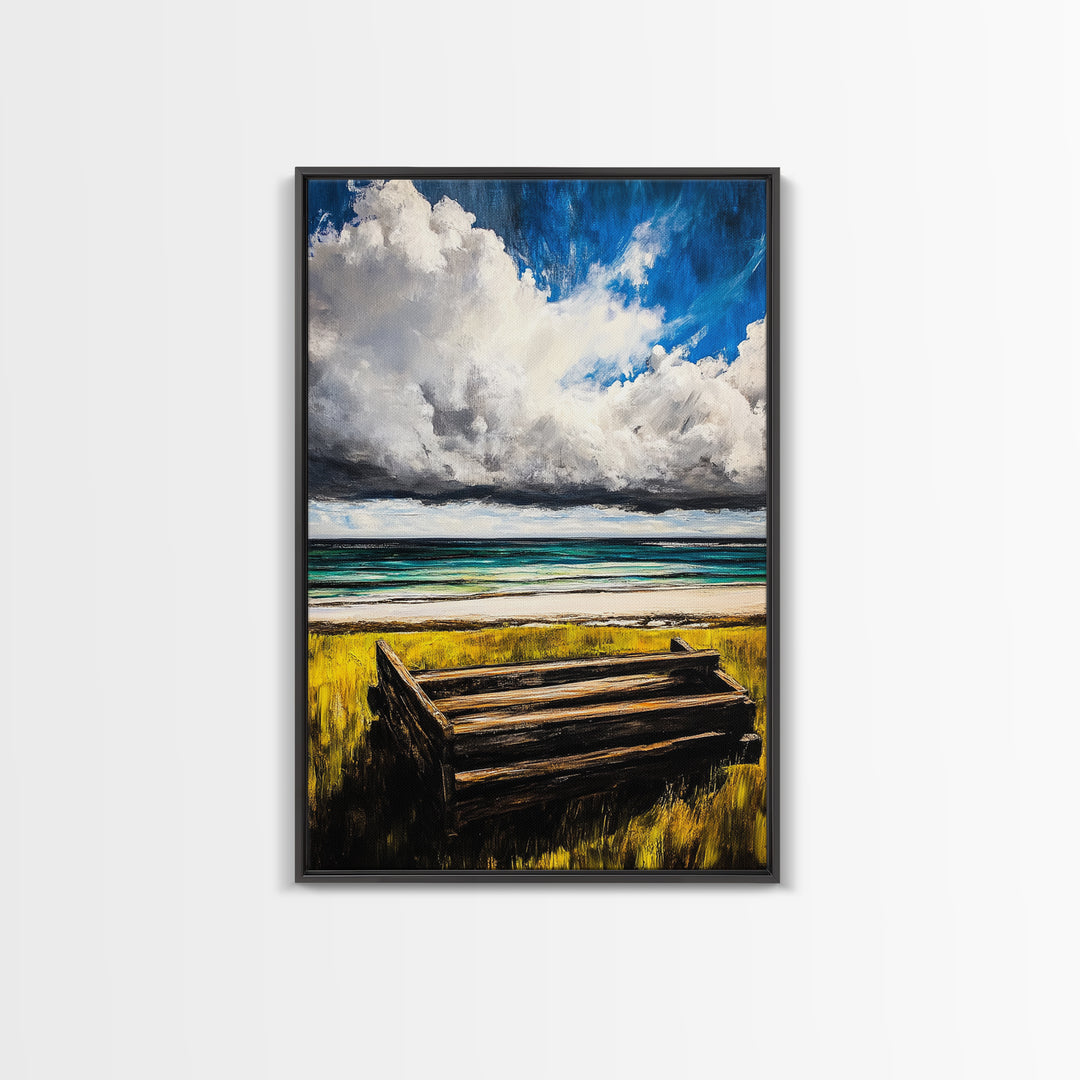 Ocean Bench, Coastal Landscape Art, Beach House Wall Decor, Relaxing Seaside Scene, Serene Water View, Framed Canvas Print