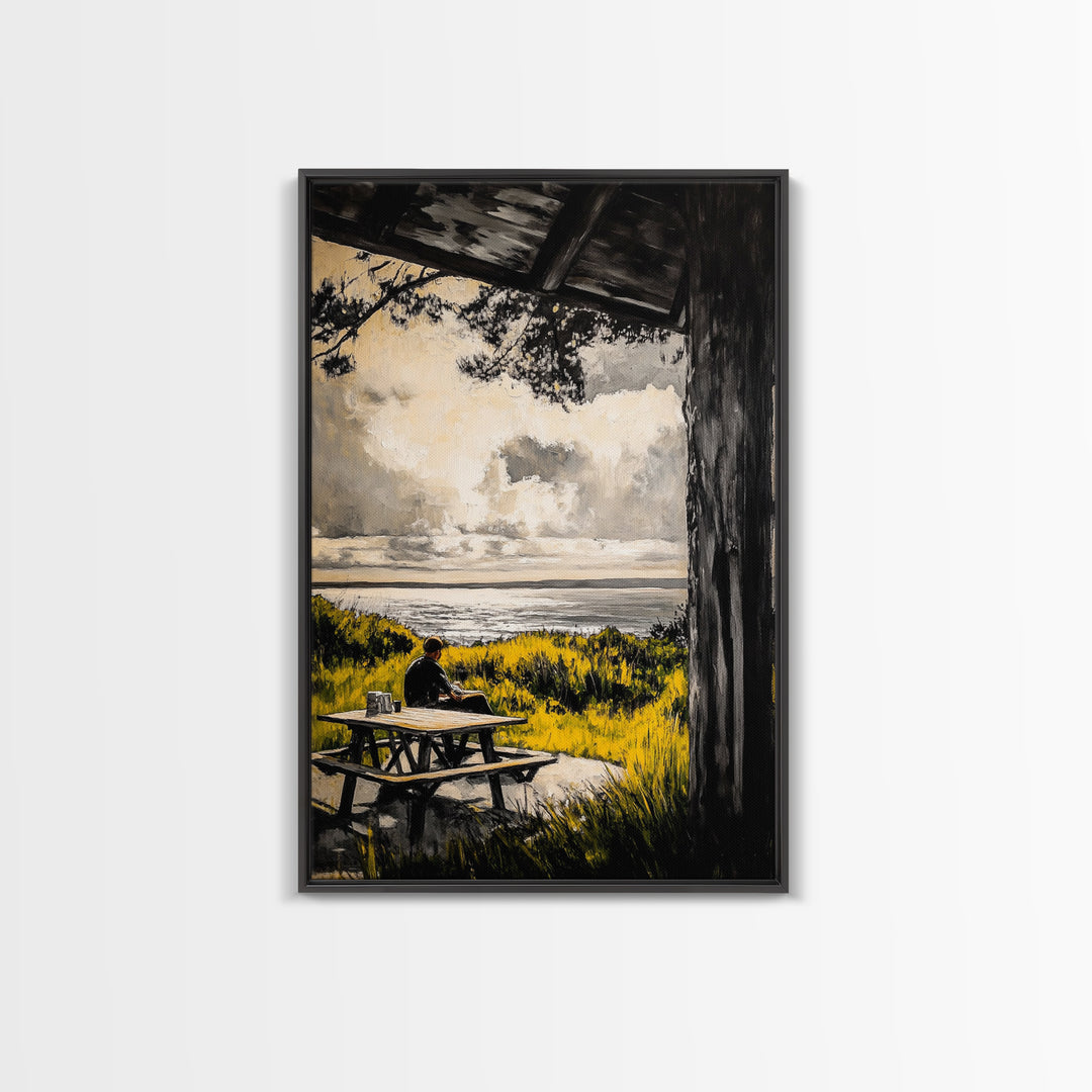 Ocean View Picnic, relaxing landscape painting, coastal art, peaceful nature scene, countryside decor, framed canvas print, living room